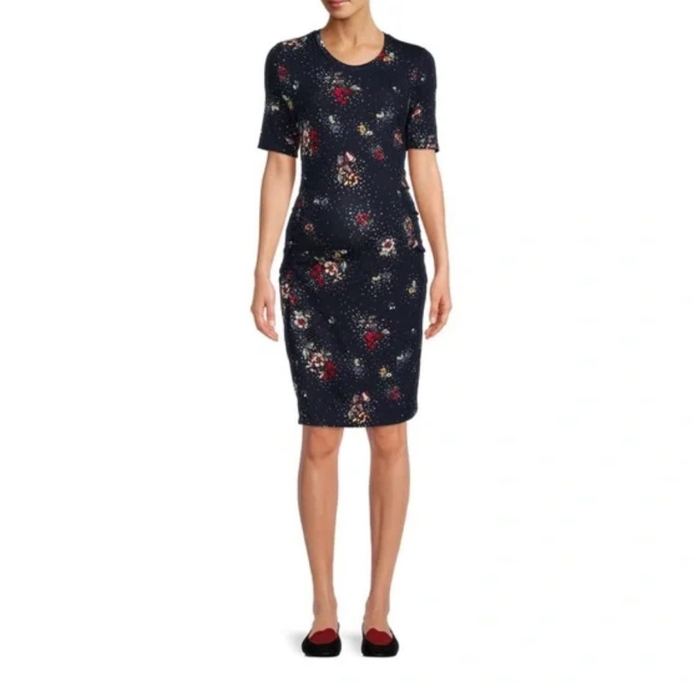 Black Floral Print Ruched Maternity dress